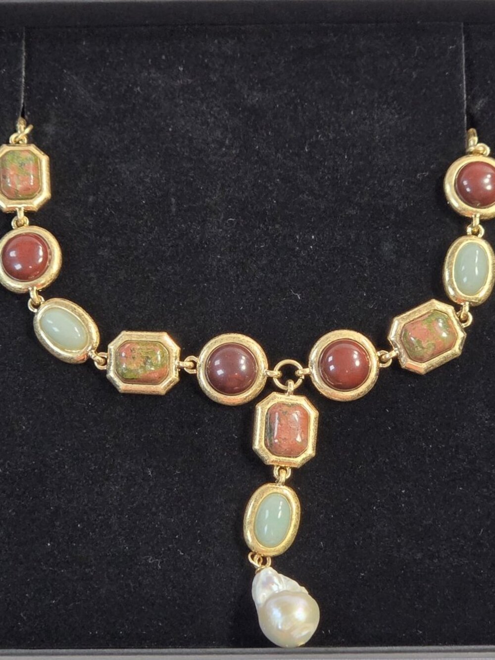 Camila Coelho Gold Tone Semi Precious Stone Baroque Pearl Y Drop Necklace NIB